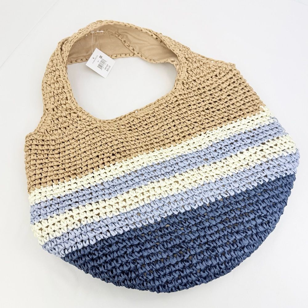 Falls Creek Tan Blue Woven Nautical Coastal Striped Beach Hobo Tote Bag NEW